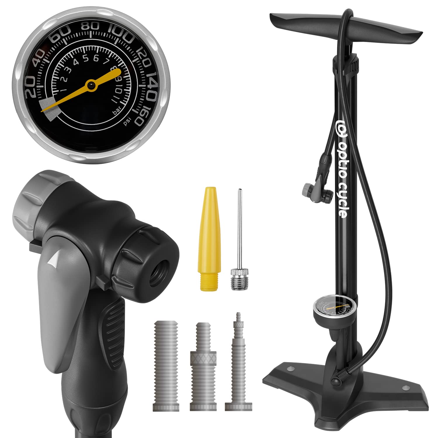 hinchador-bici-060nwf-1.jpg Optio Cycle Bomba de Pie para Bicicleta – Inflador con Manómetro hasta 11 Bar / 160 PSI | - Imagen 1